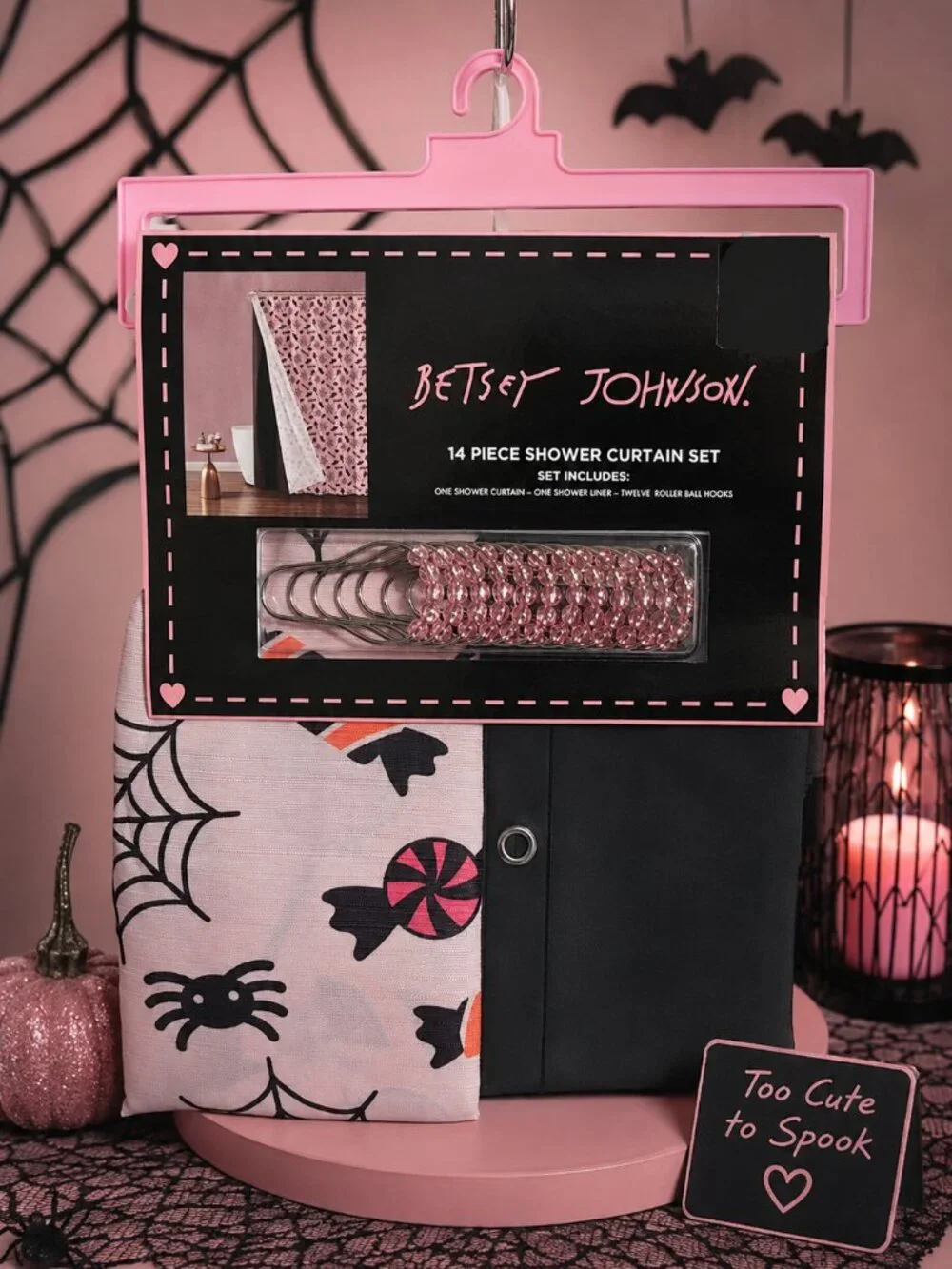 NWT Betsey Johnson 14-Pc Halloween Shower Curtain Set Spooky Cute Pink Black